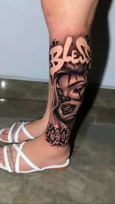 a woman's leg with tattoos on it and the word please written in black ink