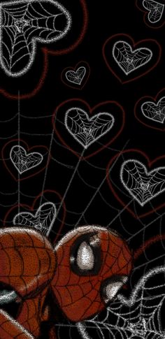 a drawing of a spiderman with hearts in the background