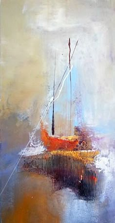 an abstract painting of a boat on the water