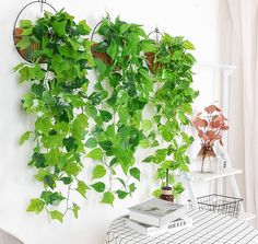 green plants are growing on the wall next to a white table with a book and planter