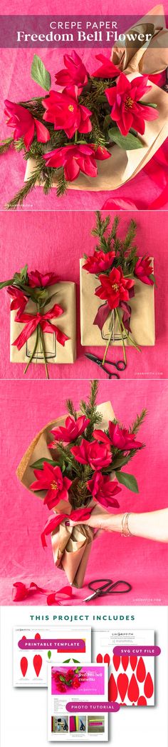 the instructions for how to make poinsettia flowers with ribbon and bows on pink background