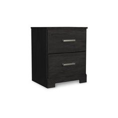 a black nightstand with two drawers on the bottom and one drawer open, in front of a white background