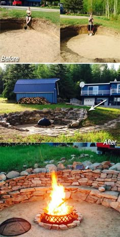 the fire pit is made out of bricks and has been built into an outdoor area