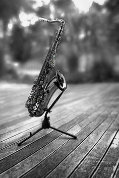 a black and white photo of a saxophone on a wooden deck with trees in the background