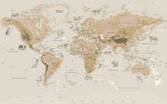 a map of the world with animals and places labeled in pink, beige and black