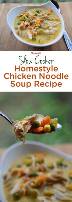 slow cooker homestyle chicken noodle soup recipe on a spoon with text overlay