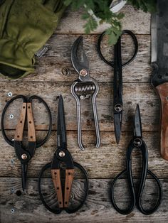 several different types of scissors on a wooden table