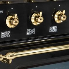 a black and gold stove top oven with brass knobs on the front, and two burners on the back