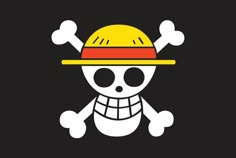 a skull wearing a yellow hat with two bones on it's head and one eye open