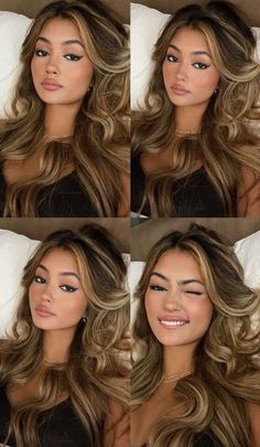 Rich Brown With Blonde Highlights, Best Hair Color For Latinas Brown Eyes, Summer Hair Color For Olive Skin Tone, Blonde Hair On Black Hair, Honey Blonde Hair On Latinas, Latina Blonde Hair Olive Skin, Heavy Highlights On Dark Hair, Money Hair