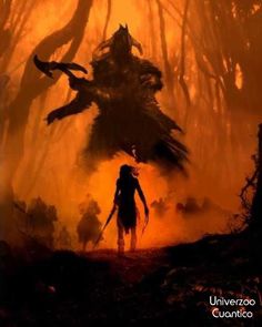 an image of a man walking through the woods in front of a giant monster that is coming out of the ground