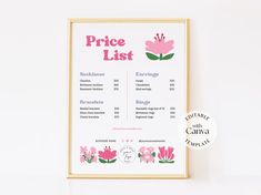 a price list with pink flowers and green leaves on the bottom, in front of a white background