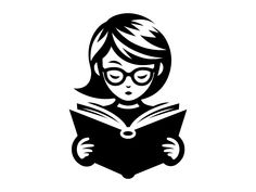 a girl reading a book with glasses on her head and holding the book in her hands