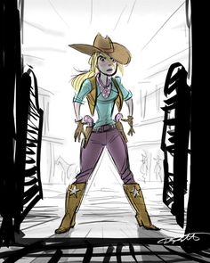 a drawing of a woman wearing a cowboy hat and boots standing in an open doorway