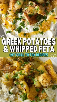 greek potatoes and whipped feta with parsley in the middle, served on a white plate