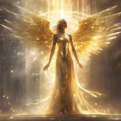 an angel with golden wings standing in front of a doorway and looking up at the sky