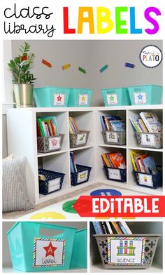 classroom library labels and storage bins with the text class library labels editable on them