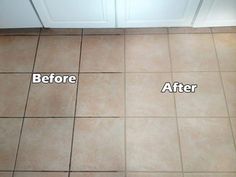 before and after pictures of a tile floor cleaning job in the kitchen with white cabinets