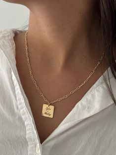 Add your customization and layout preferences in the text box 14k gold-filled necklace, water and tarnish resistant, 18in Money Necklace, Figaro Necklace, Rectangle Necklace, Engraved Initials, Square Necklace, Initial Ring, Text Box, The Text, Ring Bracelet