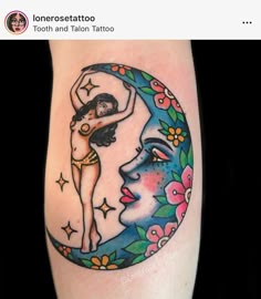 a woman is on the moon with flowers and stars around her body, as well as an image of a man's face