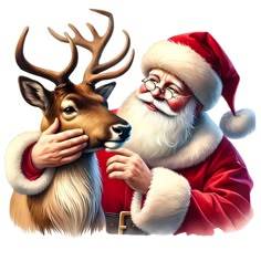 santa claus is holding a deer's head in his right hand and looking at it