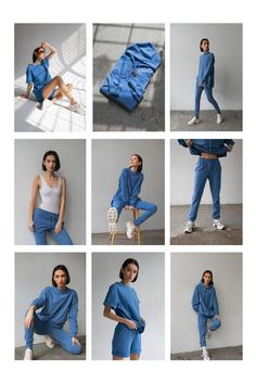 the model is posing in different poses with her hands on her hips and wearing blue clothing