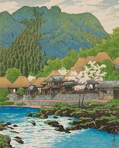 an image of a japanese landscape with mountains in the back ground and houses on the other side