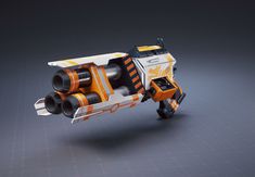 an orange and white space ship with wheels on it's side, in front of a gray background