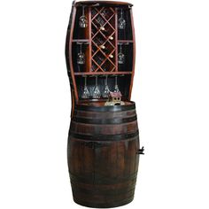 an old wooden barrel with wine glasses on the top and bottom shelf, sitting in front of a white background