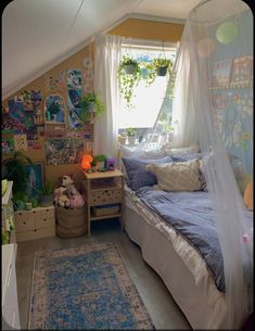 a bedroom with a bed, dresser and hanging plants