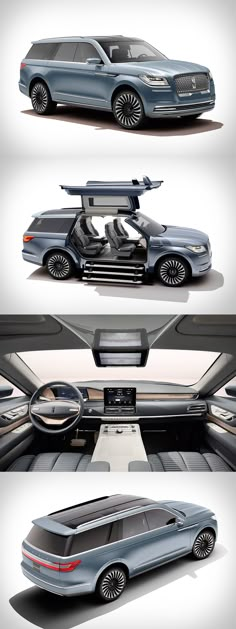 four different views of an suv with its doors open and the top half showing it's interior