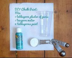 diy chalk paint recipe on a napkin next to a measuring cup and bottle opener