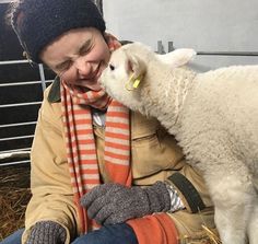 a woman is petting a sheep on the nose