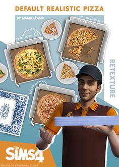 a man holding up a pizza box with six different toppings on it in front of him