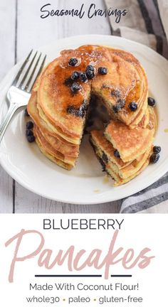 blueberry pancakes on a white plate with a fork and text overlay that reads, blueberry pancakes made with coconut flour