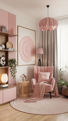 a living room with pink furniture and decor on the walls, along with a round rug