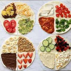 four different types of food are arranged in the shape of pizzas on paper plates