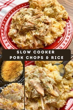 slow cooker pork chops and rice on a red plate with the words slow cooker pork chops and rice