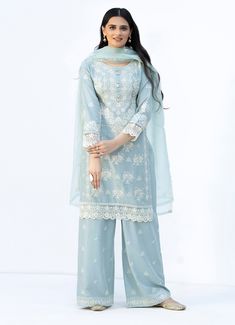 Designer Light Blue Kurta For Eid, Light Blue Chikankari Embroidered Kurta For Eid, Light Blue Chikankari Kurta For Eid, Eid Light Blue Unstitched Suit With Dupatta, Eid Light Blue Self-design Kurta, Light Blue Pakistani Suit, Blue Colour Suit, Pakistani Cotton Suits, Indian Clothing Brands