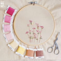 a close up of a embroidery on a table next to scissors and needle with flowers