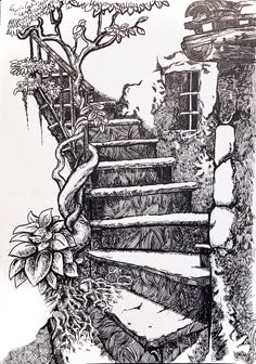 a black and white drawing of steps leading up to a tree with flowers in the foreground