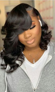 Sew In Bridal Hairstyles, Hairstyles For Medium Length Hair Black Straight, Side Part Wedding Hairstyles Black Women, Romance Curl Weave Hairstyles, Side Part Layered Curls Black Women, Side Part Bob Weave Curls Black Women, Shoulder Length Sew In Weave Side Part, Layered Quick Weave Bob, Traditional Sew In With Leave Out Bob