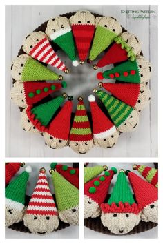 knitted christmas ornaments are arranged in the shape of cones