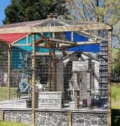 a caged in outdoor area with various items on the ground and trees in the background