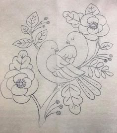 a drawing of a bird on a branch with flowers