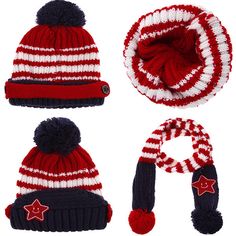 three hats and two scarves are shown in red, white, and blue colors