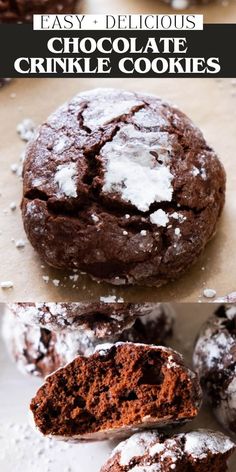 chocolate crinkle cookies with powdered sugar on top, and in the middle