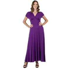 A formal look has never been so comfortable. With its regal full-length skirt this womens maxi dress makes for an elegant formal or casual look. Featuring a v-neck line and v cut on the back, cap sleeves, flared a line skirt, defined empire waist, and is made from a soft and comfortable stretch material in four beautiful year round colors and it is machine washable for easy care. The perfect dress to keep in your closet for any special occasions or just an eye-catching date night look. Made in t Solid Color A-line V-neck Evening Dress, Elegant Purple Floor-length Maxi Dress, Elegant Short Sleeve V-neck Dress, Fitted A-line Maxi Dress In Solid Color, Fitted Purple A-line Maxi Dress, Fitted V-neck Maxi Dress For Formal Occasions, V-neck Maxi Length Dress, Formal Fitted Maxi V-neck Dress, Purple Spring Maxi Dress For Gala