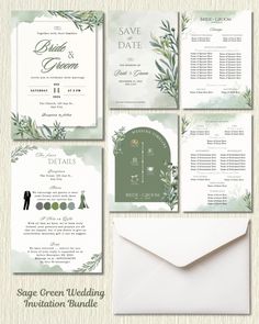 wedding stationery with greenery on the front and back, in shades of green