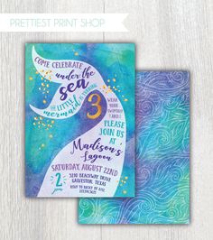 the front and back of a birthday party card with an image of a mermaid on it